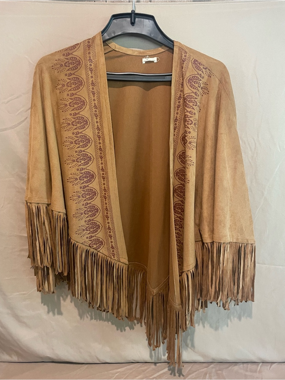 Hollister Tan Fringe Open-Front Poncho with Printed Trim